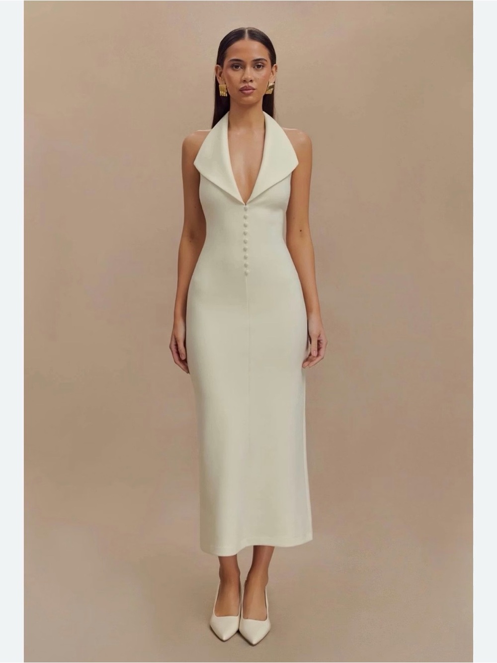 Meshki Annita Crepe Halter Midi Dress Ivory